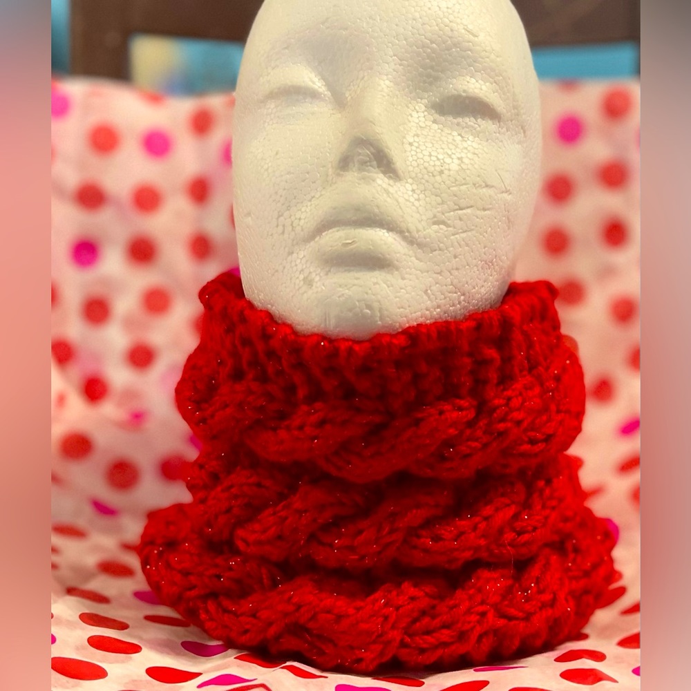 Handmade Hand Crafted Sparkly Red Cable Knit Cowl